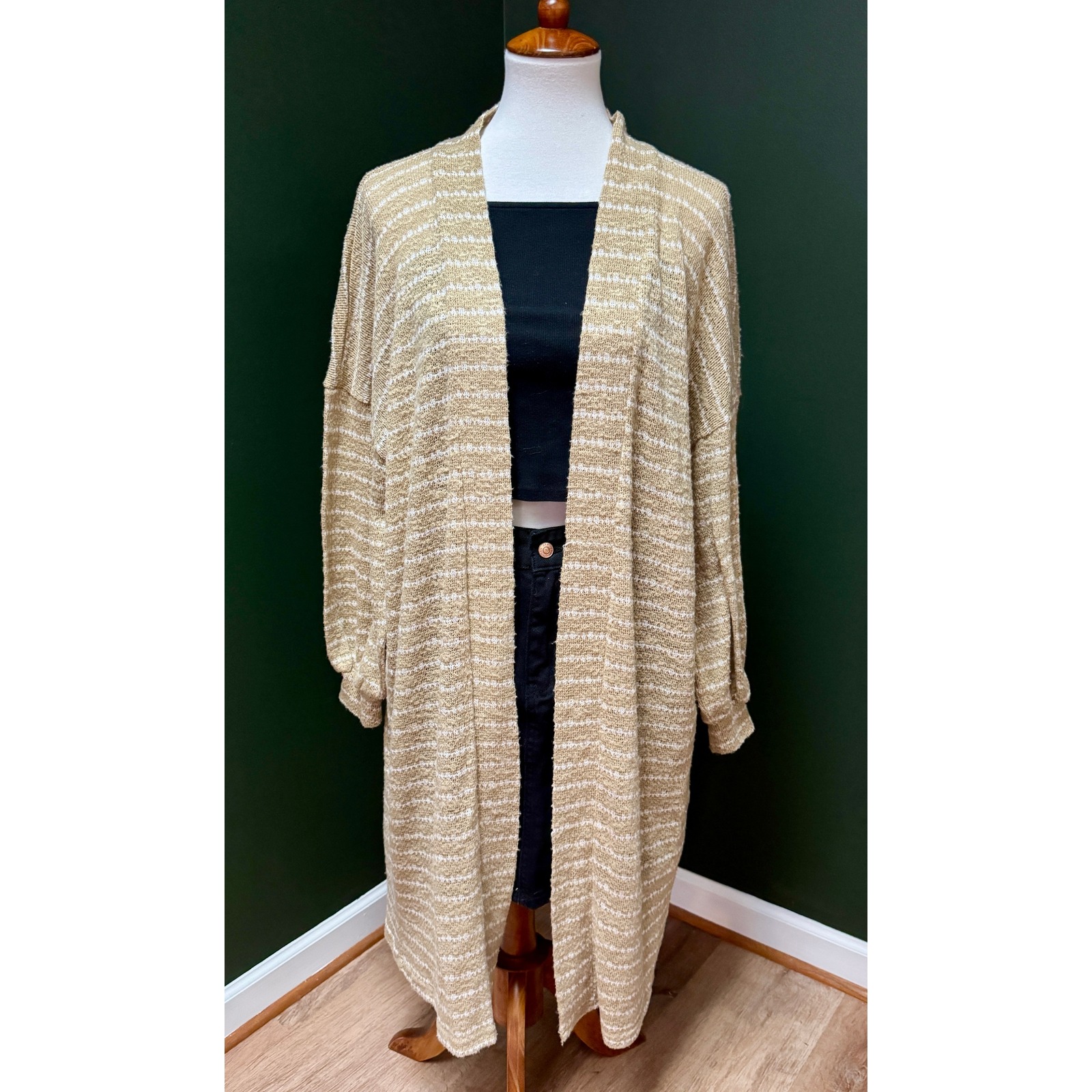 Vince Camuto Striped Open Front Beige White Knit Sweater Women's Os